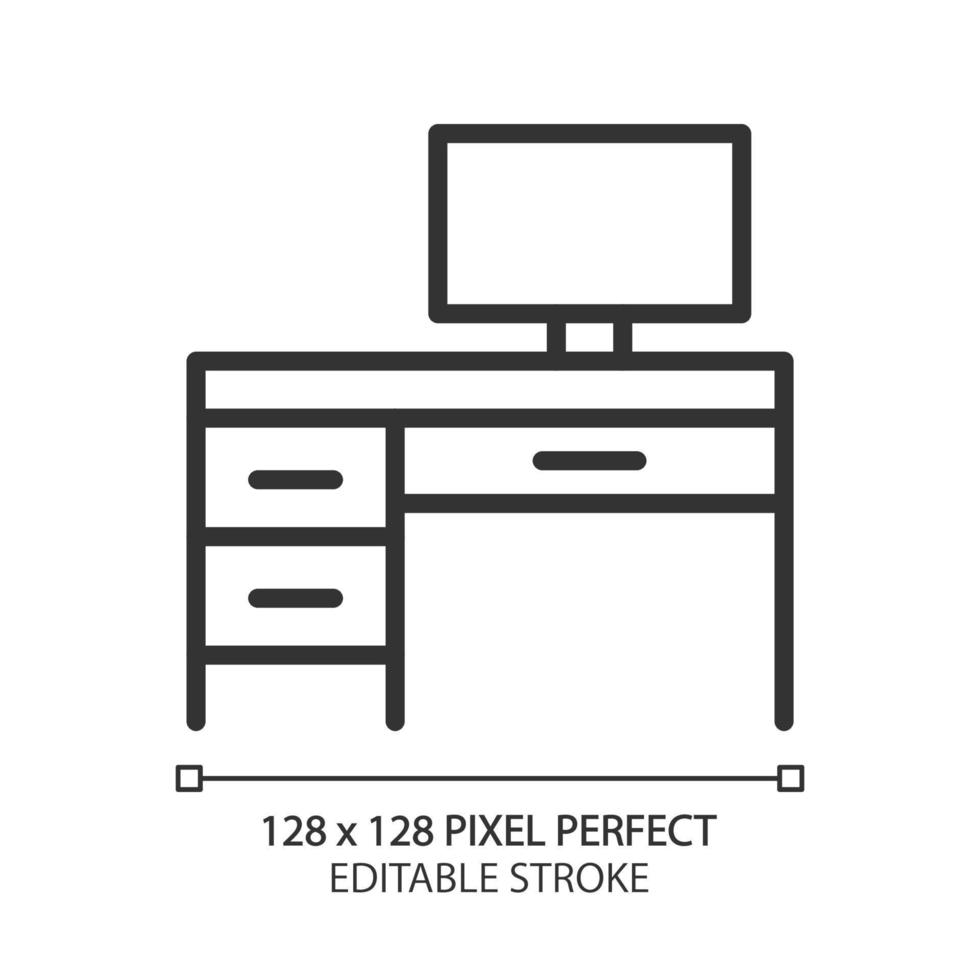 Writing table pixel perfect linear icon. Home office. Desk with computer. Modern contemporary home furniture store. Thin line illustration. Contour symbol. Vector outline drawing. Editable stroke