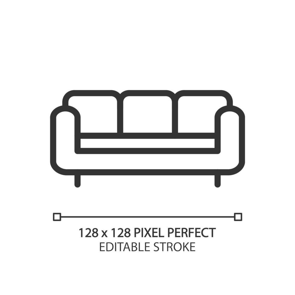 Sofa pixel perfect linear icon. Sectional leather couch. Furnishing for living room. Contemporary home furniture store. Thin line illustration. Contour symbol. Vector outline drawing. Editable stroke