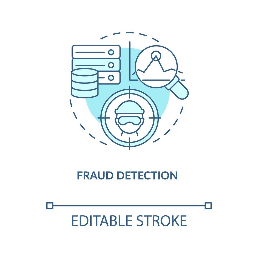 Fraud detection turquoise concept icon. AI and data science solution for business abstract idea thin line illustration. Isolated outline drawing. Editable stroke vector