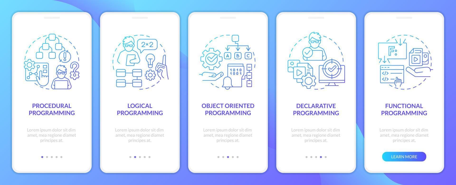 Programming styles types blue gradient onboarding mobile app screen. Coding walkthrough 5 steps graphic instructions with linear concepts. UI, UX, GUI template vector