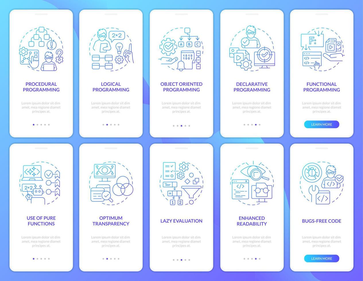 Writing code patterns blue gradient onboarding mobile app screen set. Walkthrough 5 steps graphic instructions with linear concepts. UI, UX, GUI template vector