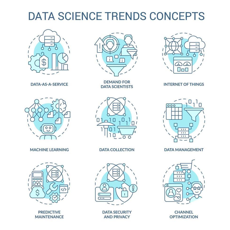 conjunto de iconos de concepto turquesa de tendencias de ciencia de datos. análisis de desarrollo de tecnología idea ilustraciones en color de línea delgada. símbolos aislados. trazo editable vector