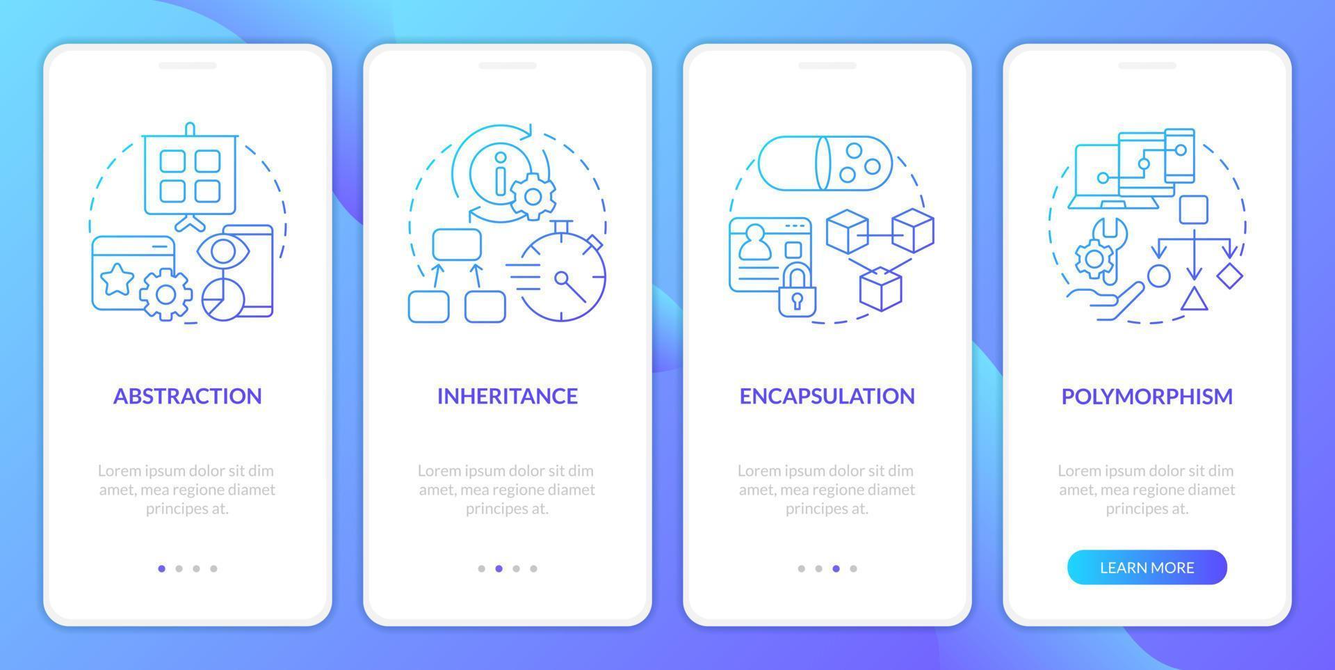 Object oriented programming basic rules blue gradient onboarding mobile app screen. Walkthrough 4 steps instruction with linear concepts. UI, UX, GUI template vector