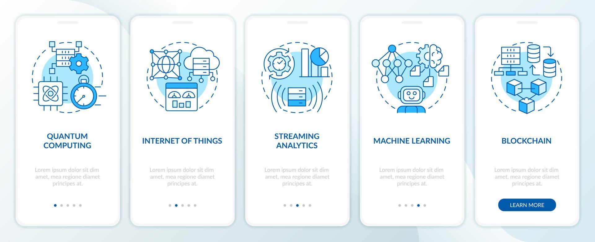 Data science technologies blue onboarding mobile app screen. Walkthrough 5 steps editable graphic instructions with linear concepts. UI, UX, GUI template vector