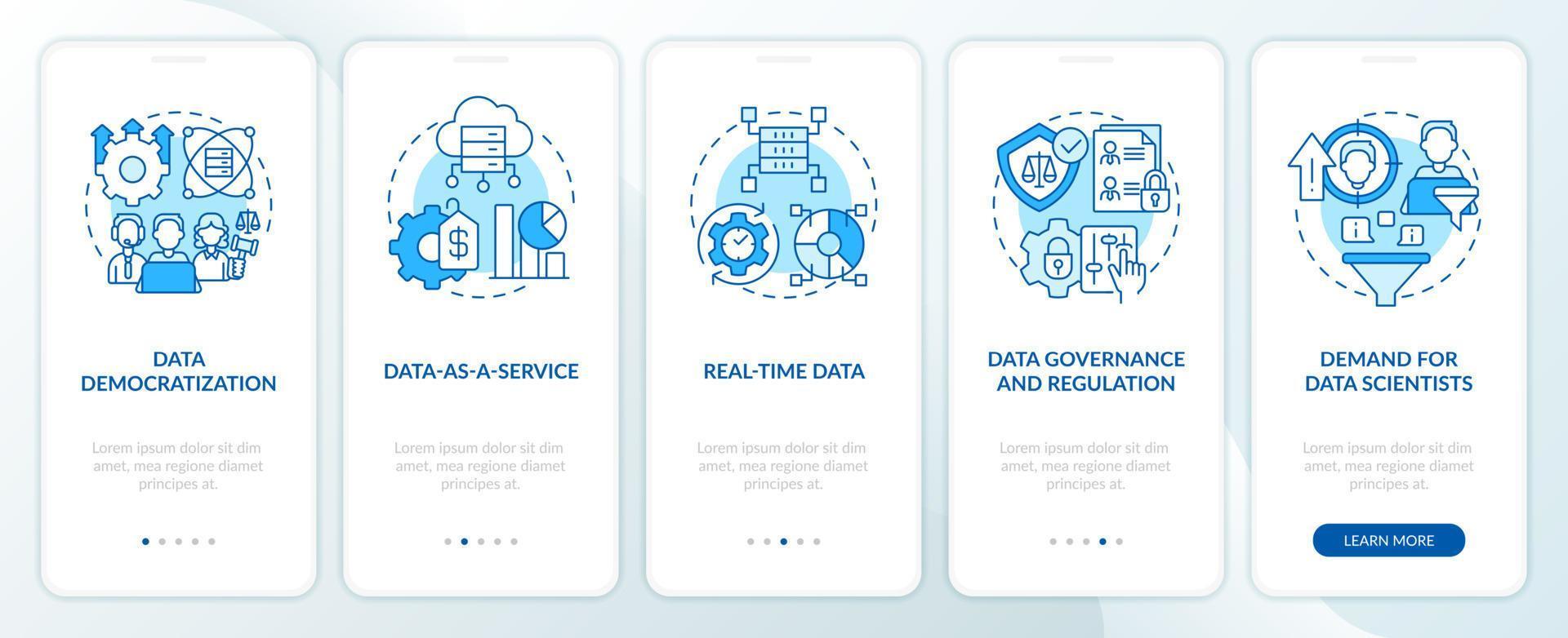 Data science trends blue onboarding mobile app screen. Development walkthrough 5 steps editable graphic instructions with linear concepts. UI, UX, GUI template vector