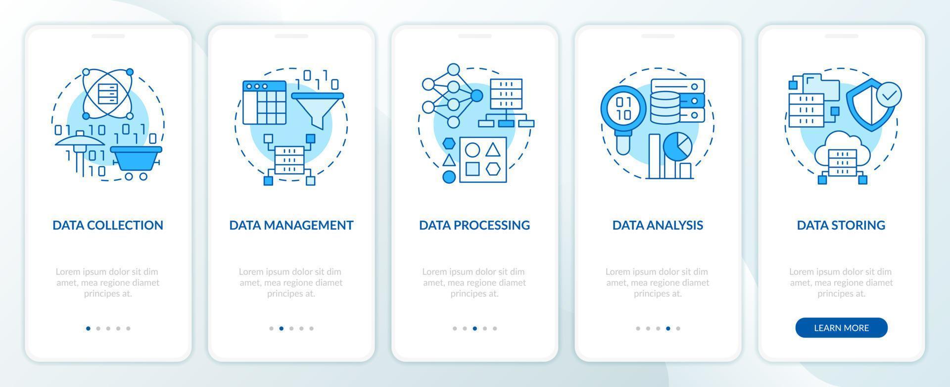 Data processing stages blue onboarding mobile app screen. Technology walkthrough 5 steps editable graphic instructions with linear concepts. UI, UX, GUI template vector