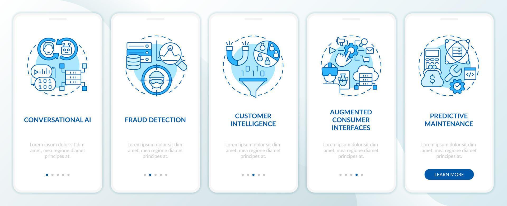 AI and data science in business blue onboarding mobile app screen. Walkthrough 5 steps editable graphic instructions with linear concepts. UI, UX, GUI template vector