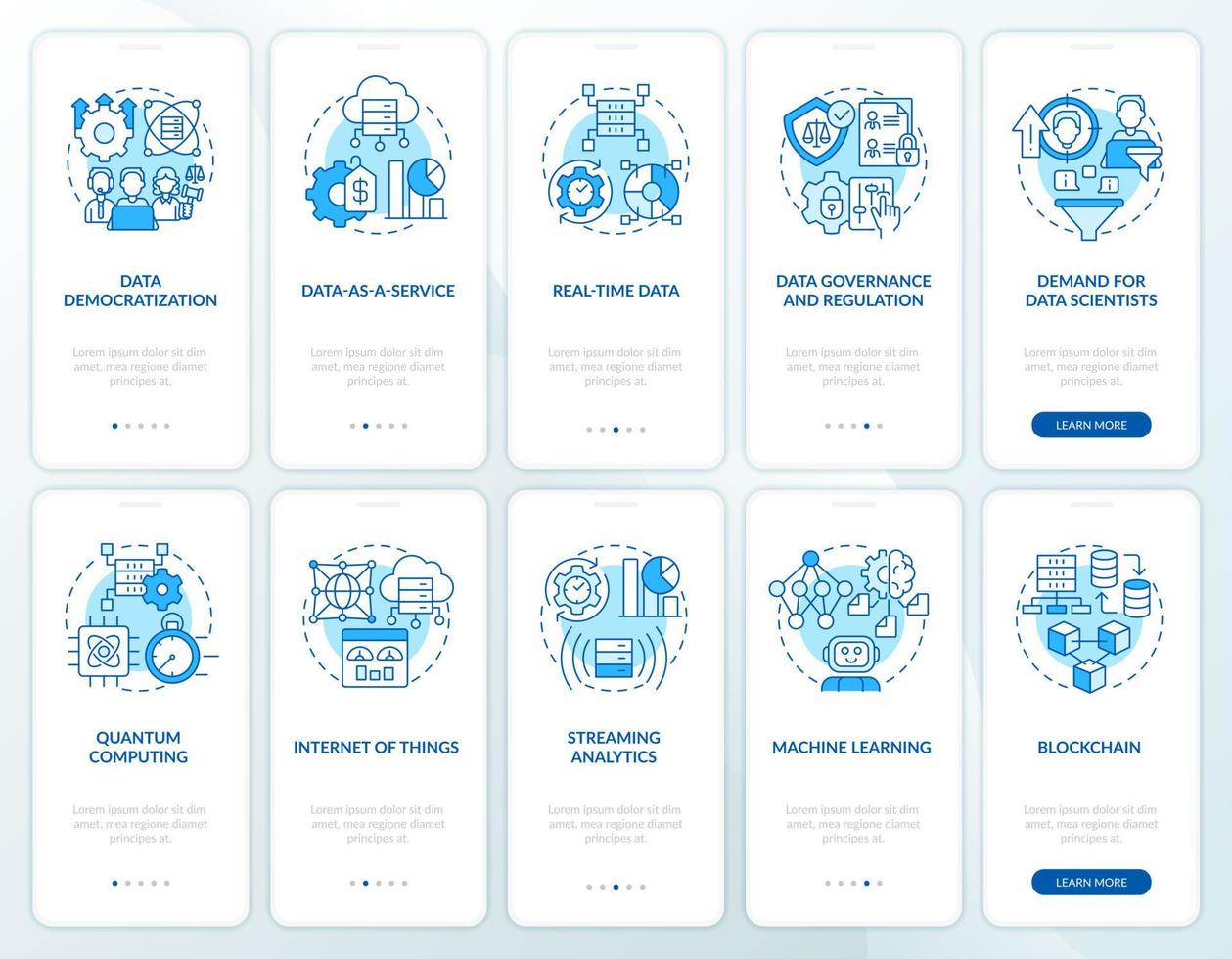 Conjunto de pantallas de aplicaciones móviles de integración azul de tendencias de tecnología de ciencia de datos. tutorial 5 pasos instrucciones gráficas editables con conceptos lineales. interfaz de usuario, ux, plantilla de interfaz gráfica de usuario vector