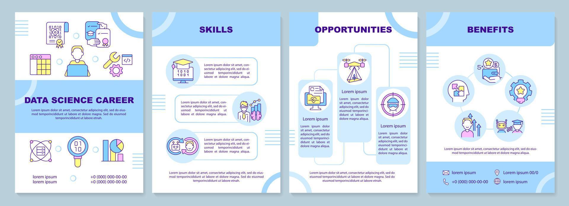 Data science career blue brochure template. Engineer job. Leaflet design with linear icons. Editable 4 vector layouts for presentation, annual reports