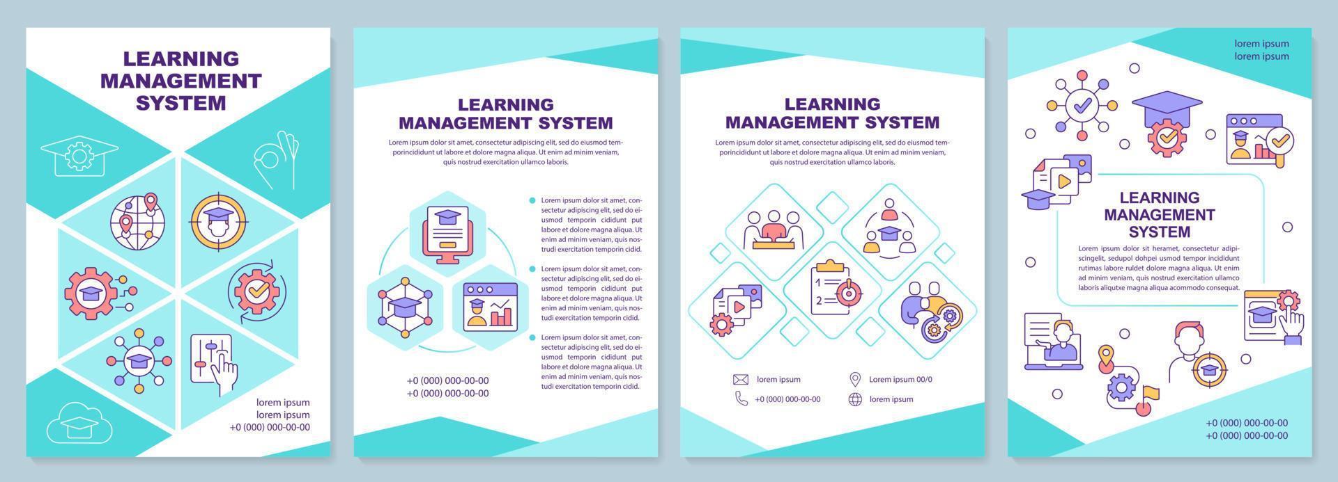 Learning management system blue brochure template. Leaflet design with linear icons. Editable 4 vector layouts for presentation, annual reports