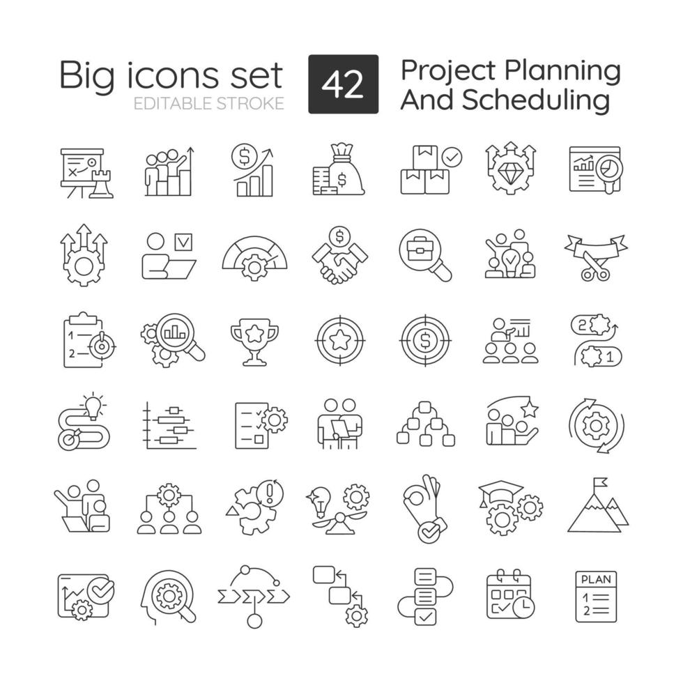 Project planning and scheduling linear icons set. Business development. Corporate strategy building. Thin line illustration. Contour symbol. Vector outline drawing. Editable stroke