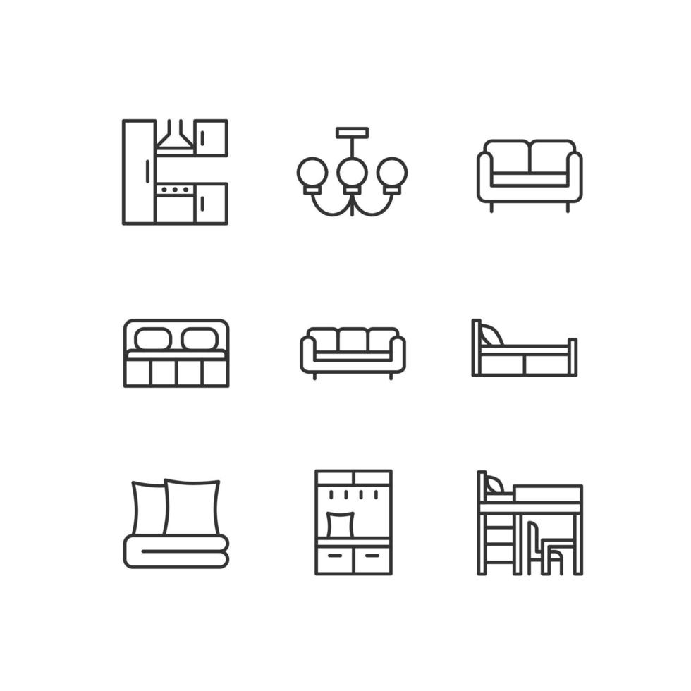 Modern contemporary furniture shop pixel perfect linear icons set. Bedroom and living room. Kitchen appliances. Customizable thin line symbols. Isolated vector outline illustrations. Editable stroke