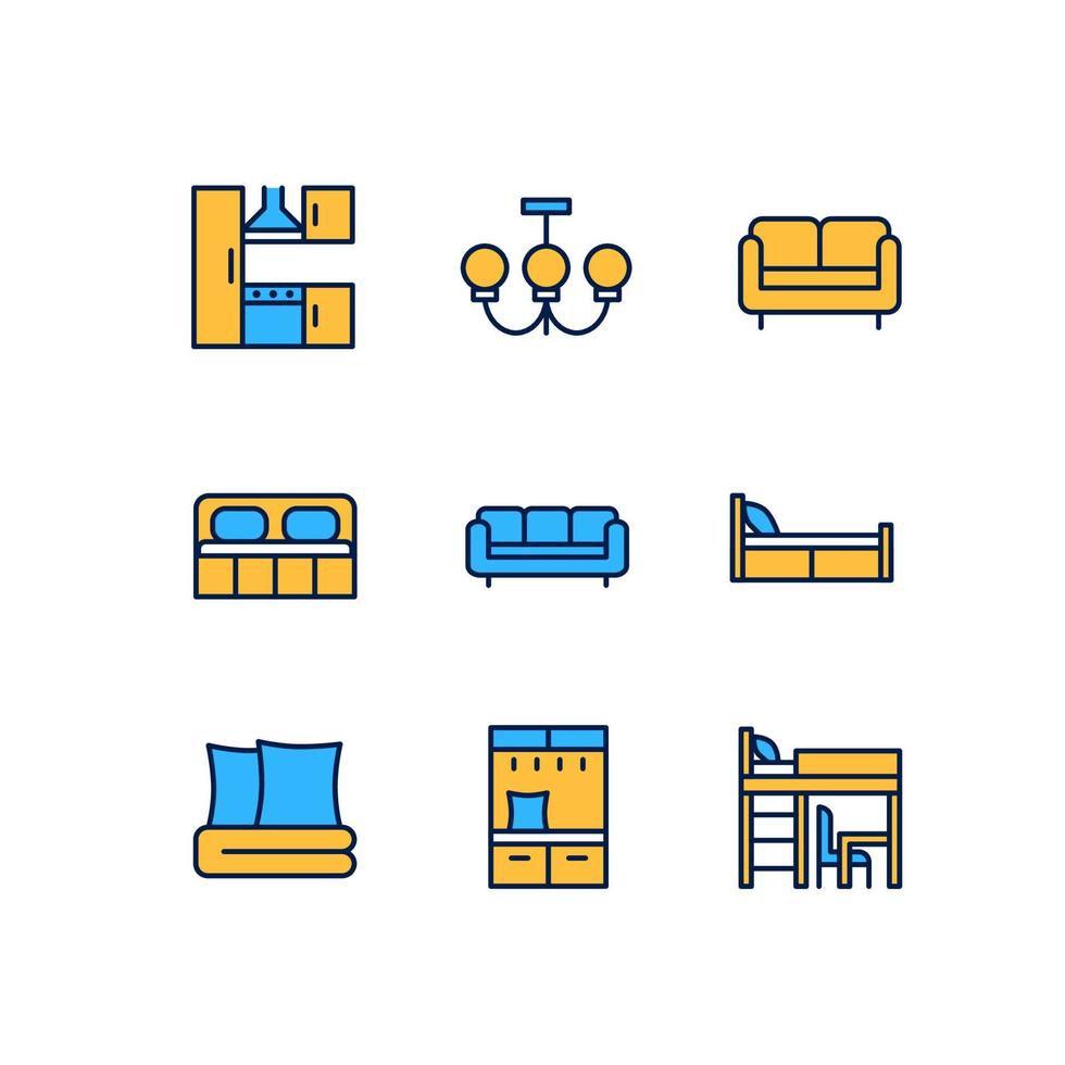 Modern contemporary furniture shop pixel perfect RGB color icons set. Bedroom and living room. Kitchen. Isolated vector illustrations. Simple filled line drawings collection. Editable stroke