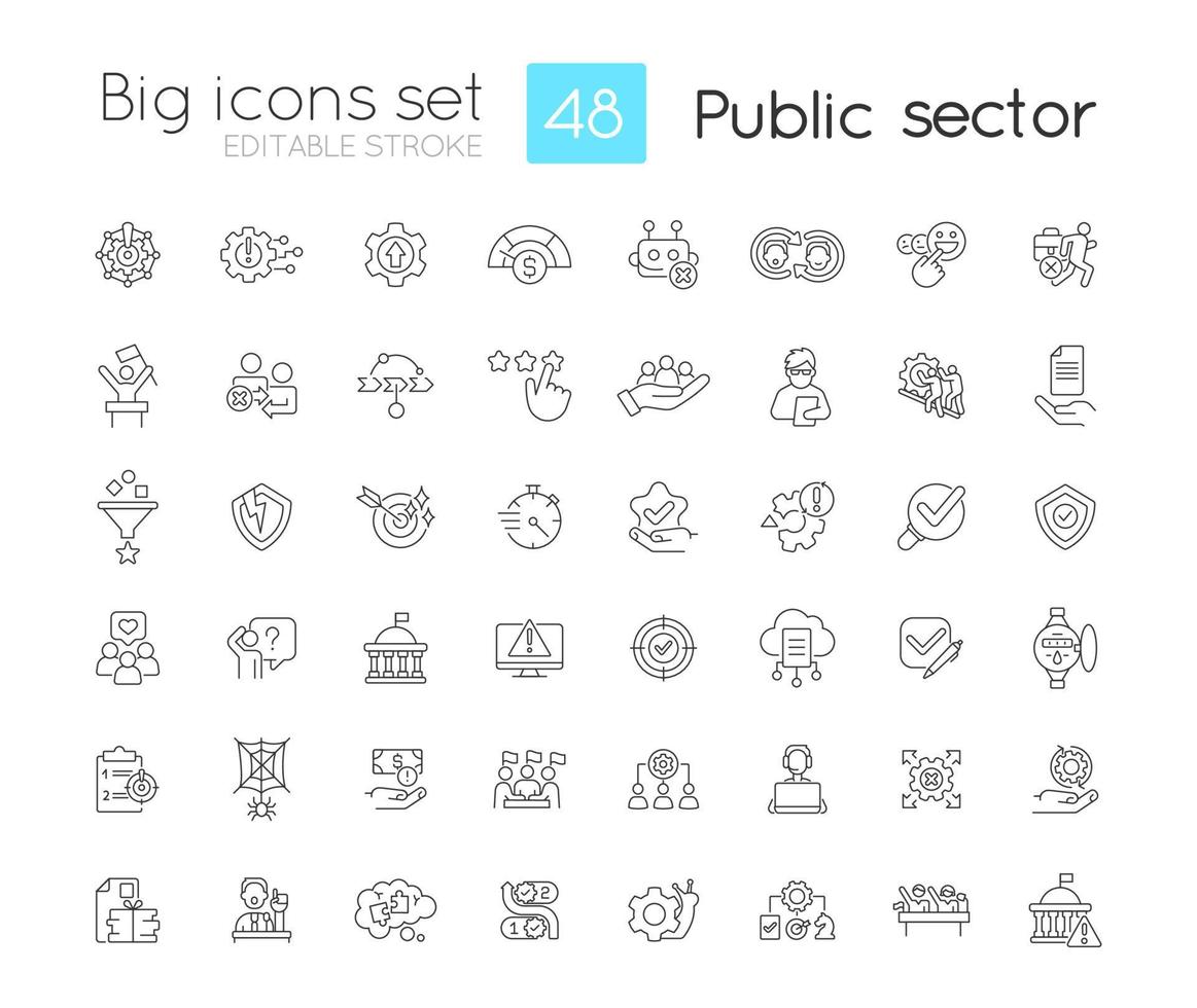 Public sector linear icons set. Services and enterprises. Government digital transformation. Administration. Customizable thin line symbols. Isolated vector outline illustrations. Editable stroke