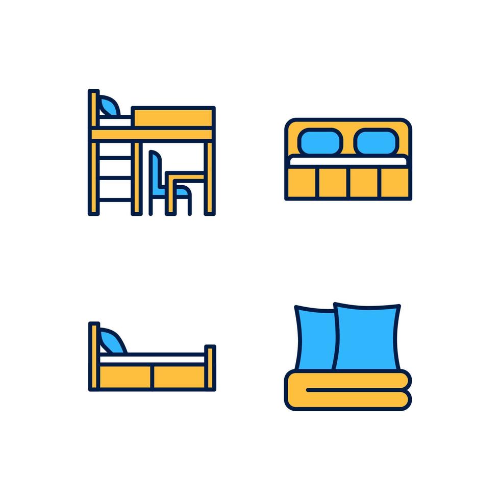 muebles para el hogar conjunto de iconos de color rgb perfectos de píxeles. cama, ropa de cama. decoración del dormitorio mobiliario de la casa. ilustraciones vectoriales aisladas. colección de dibujos de líneas llenas simples. trazo editable vector