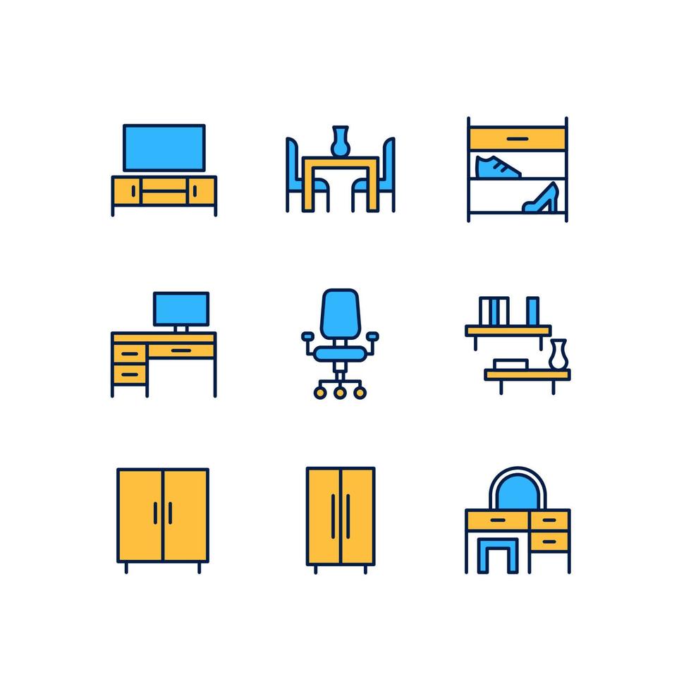 Contemporary furniture for apartment pixel perfect RGB color icons set. Living room and office space. Homeware. Isolated vector illustrations. Simple filled line drawings collection. Editable stroke
