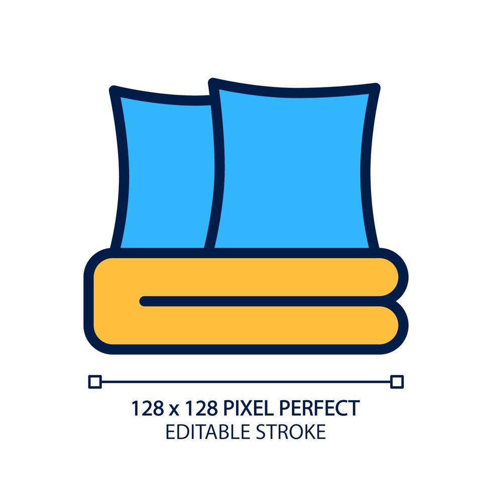 Bedding set pixel perfect RGB color icon. Sheets and pillows. Soft textiles. Bedspread. Contemporary home furniture store. Isolated vector illustration. Simple filled line drawing. Editable stroke