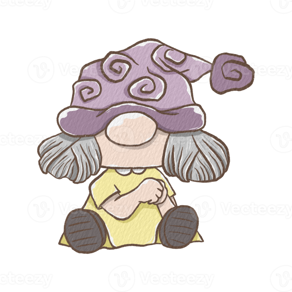 Sweet Colorful Gnome Two Bun Girl sitting. Wearing a purple hat and yellow dress. Digital paint watercolor style with paper texture. Decoration for any design. Illustration. png
