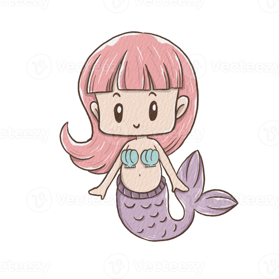 Sweet Mermaid Pink Hair Girl with Purple Tail. Digital paint watercolor style with paper texture. Decoration for any design. Illustration about Marine Life. png