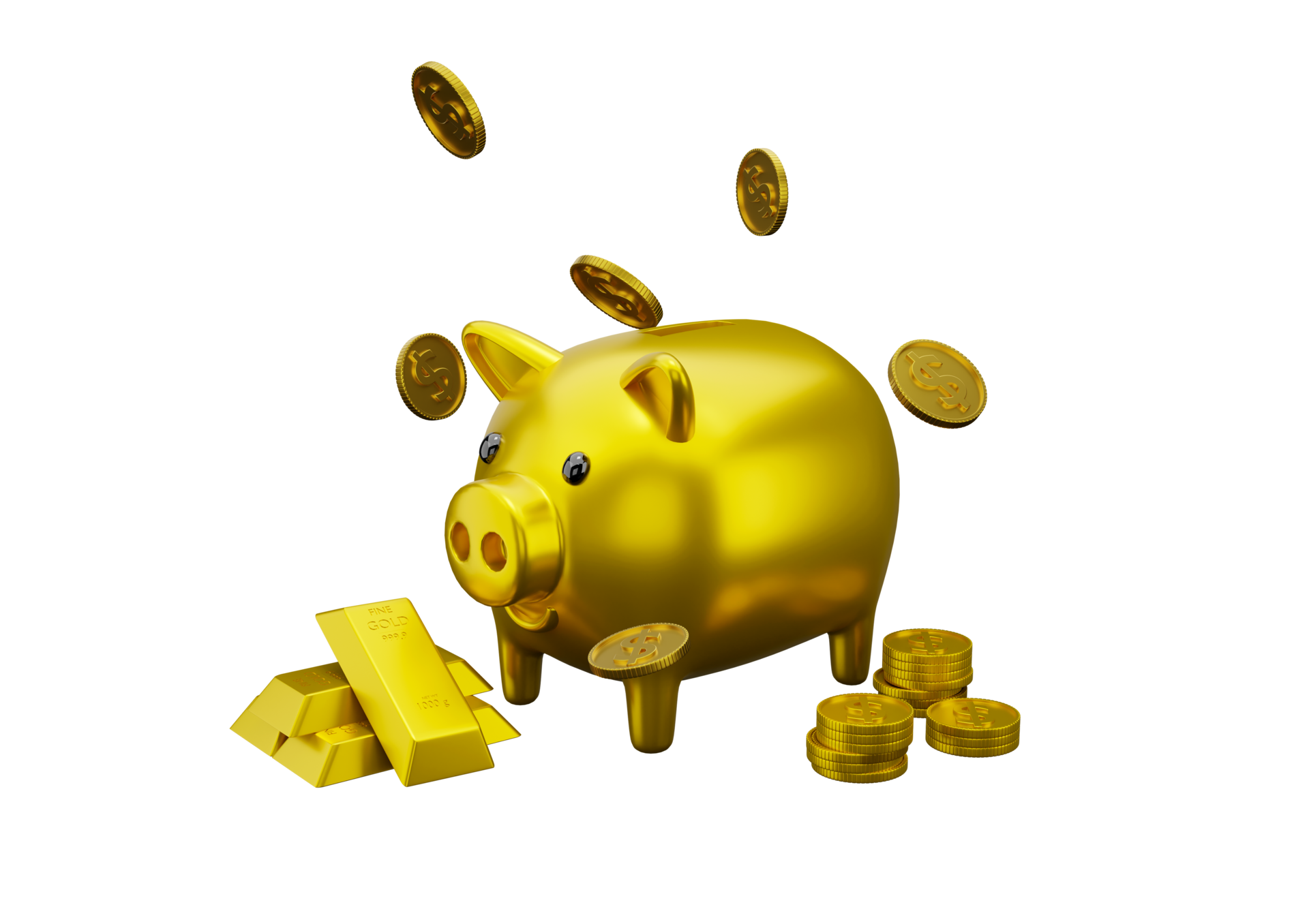 3d render money jar pig gold and money gold dollar coin stack, white 