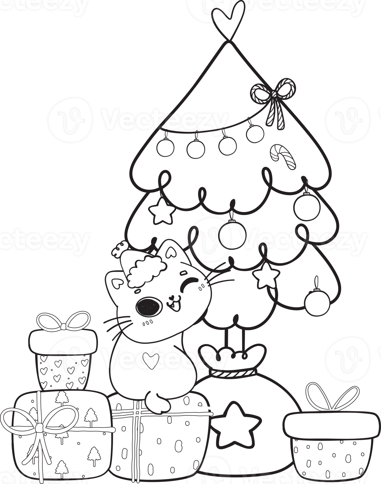 Free cute Christmas naughty cat on pine tree cartoon doodle outline hand drawn 17053977 PNG with