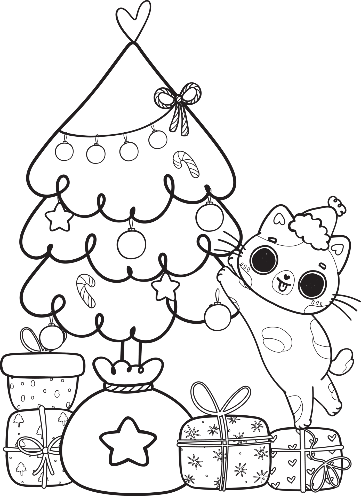 Free cute Christmas naughty cat on pine tree cartoon doodle outline hand drawn 17053983 PNG with