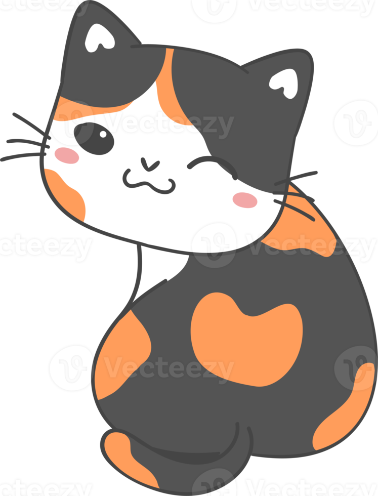 Cute kawaii espiègle calicot minou chat dessin animé dessin contour doodle png