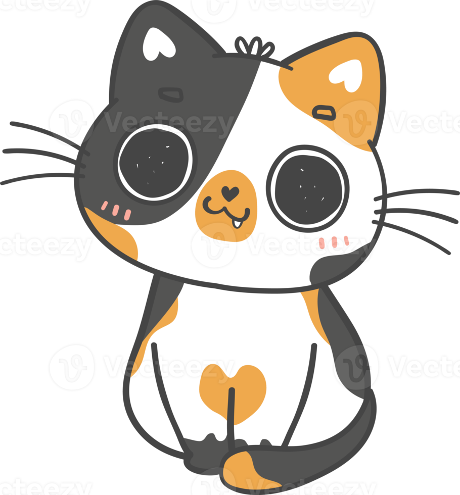 carino kawaii giocoso calicò gattino gatto cartone animato disegno scarabocchio schema png