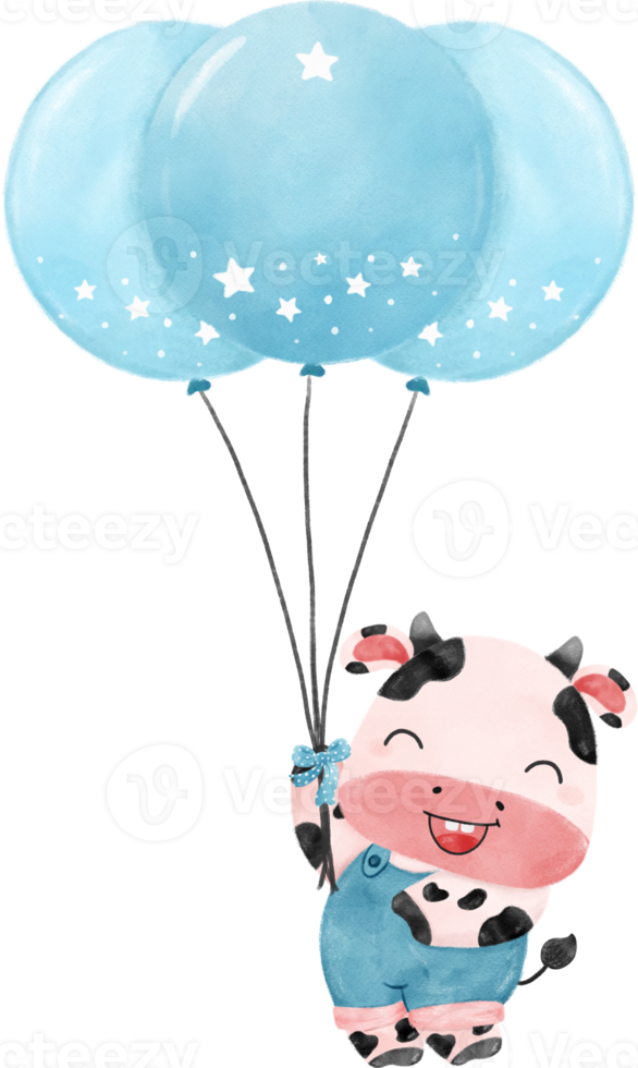 cute happy smile  baby cow boy birthday kid with blue balloons cartoon watercolour png