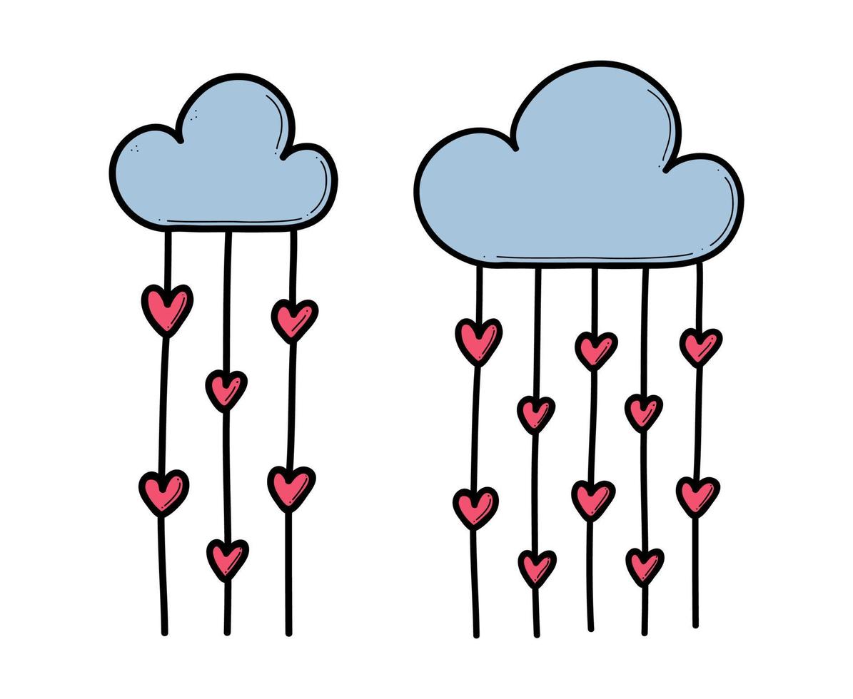 nube dibujada a mano lloviendo con garabato de corazones vector