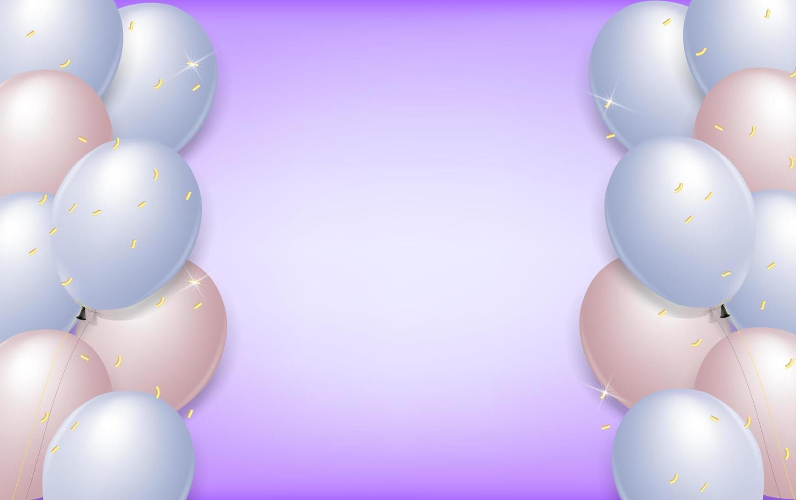Balloons Background. Celebrate party banner with helium baloons and confetti. Festive template with birthday and anniversary with space for text. Decorative realistic objects for poster. Vector 3d