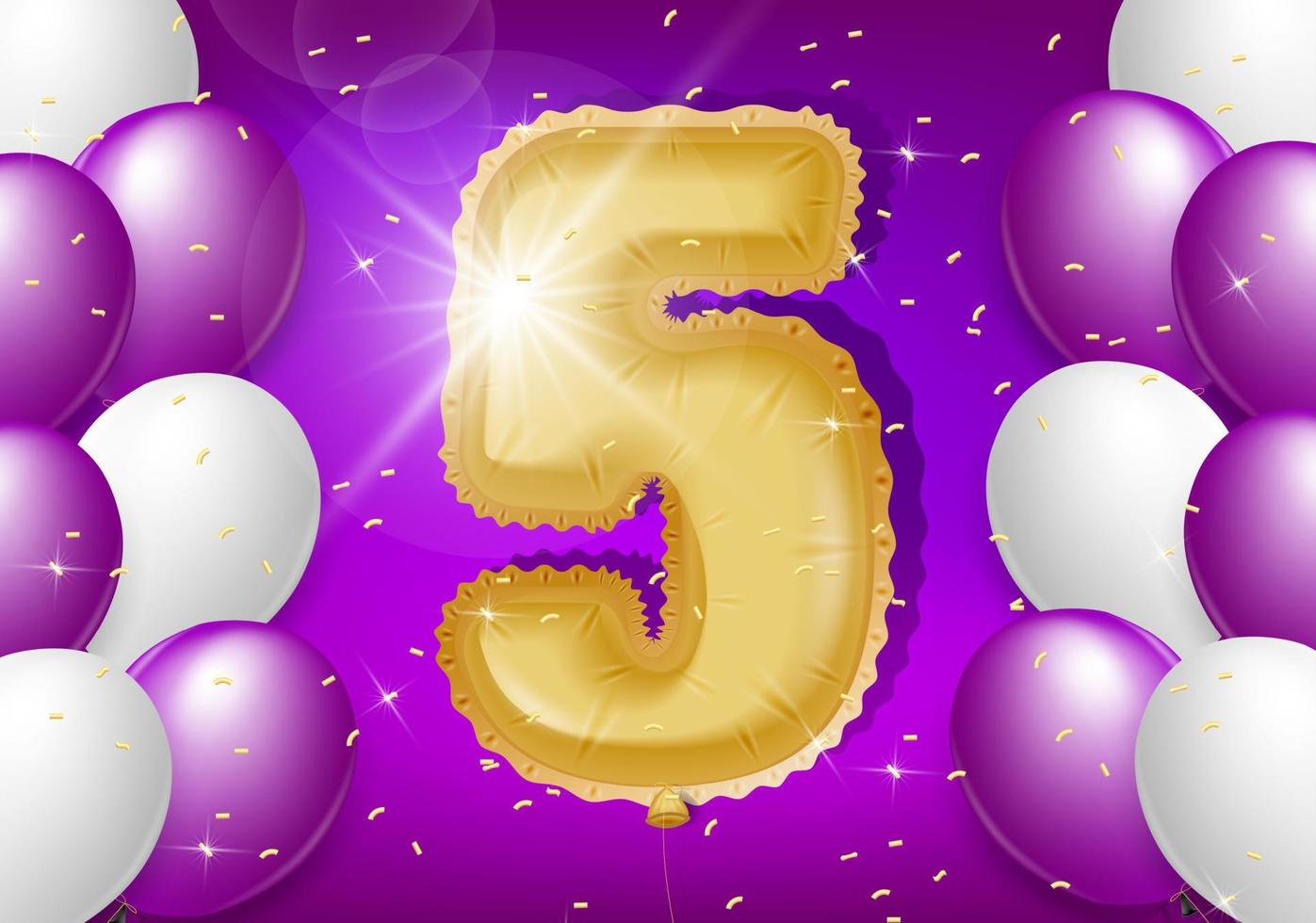 5th year anniversary design with balloons and shiny confetti, design elements for banner, postcard, poster and invitation card. Realistic 3d vector