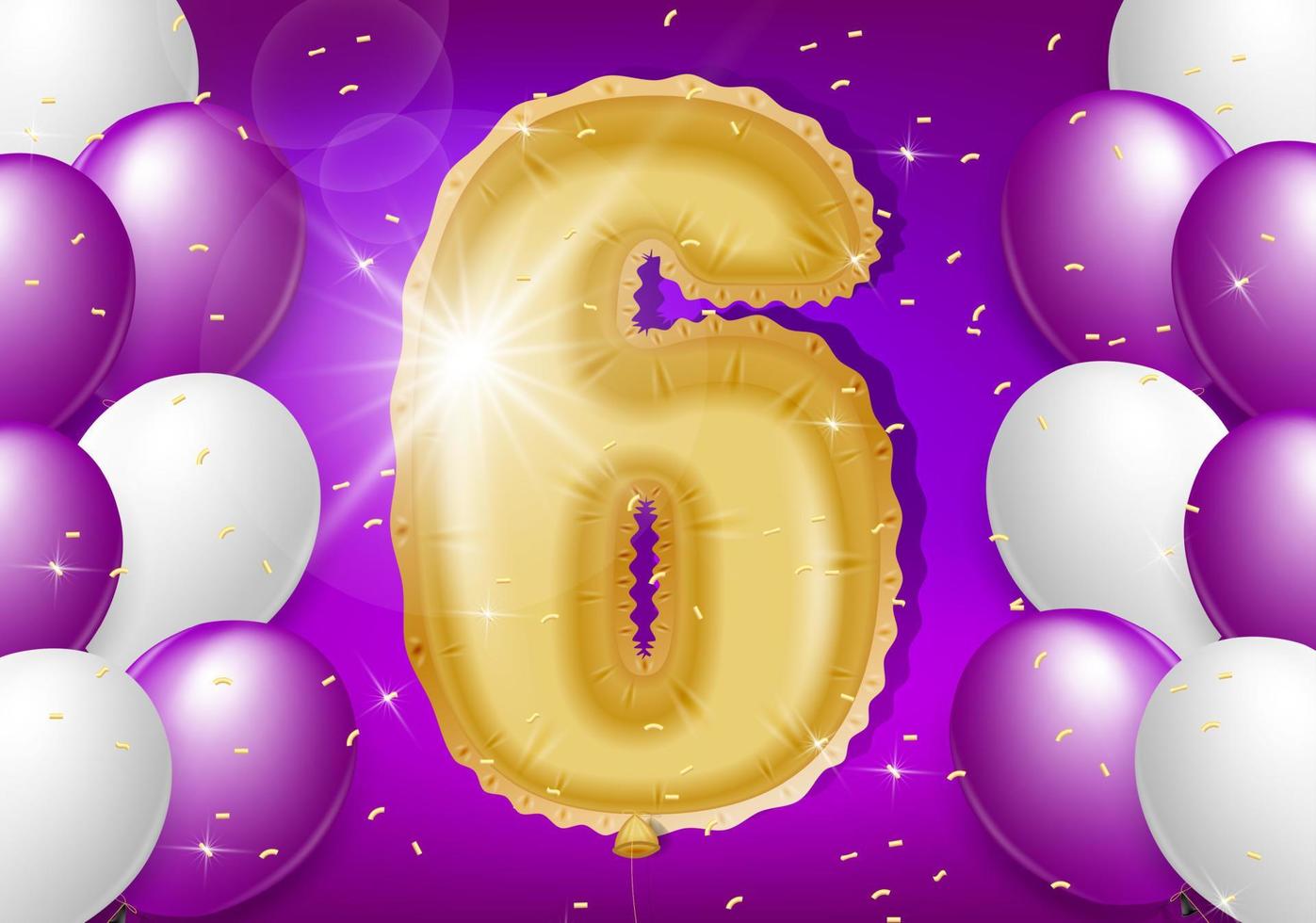 6th year anniversary design with balloons and shiny confetti, design elements for banner, postcard, poster and invitation card. Realistic 3d vector