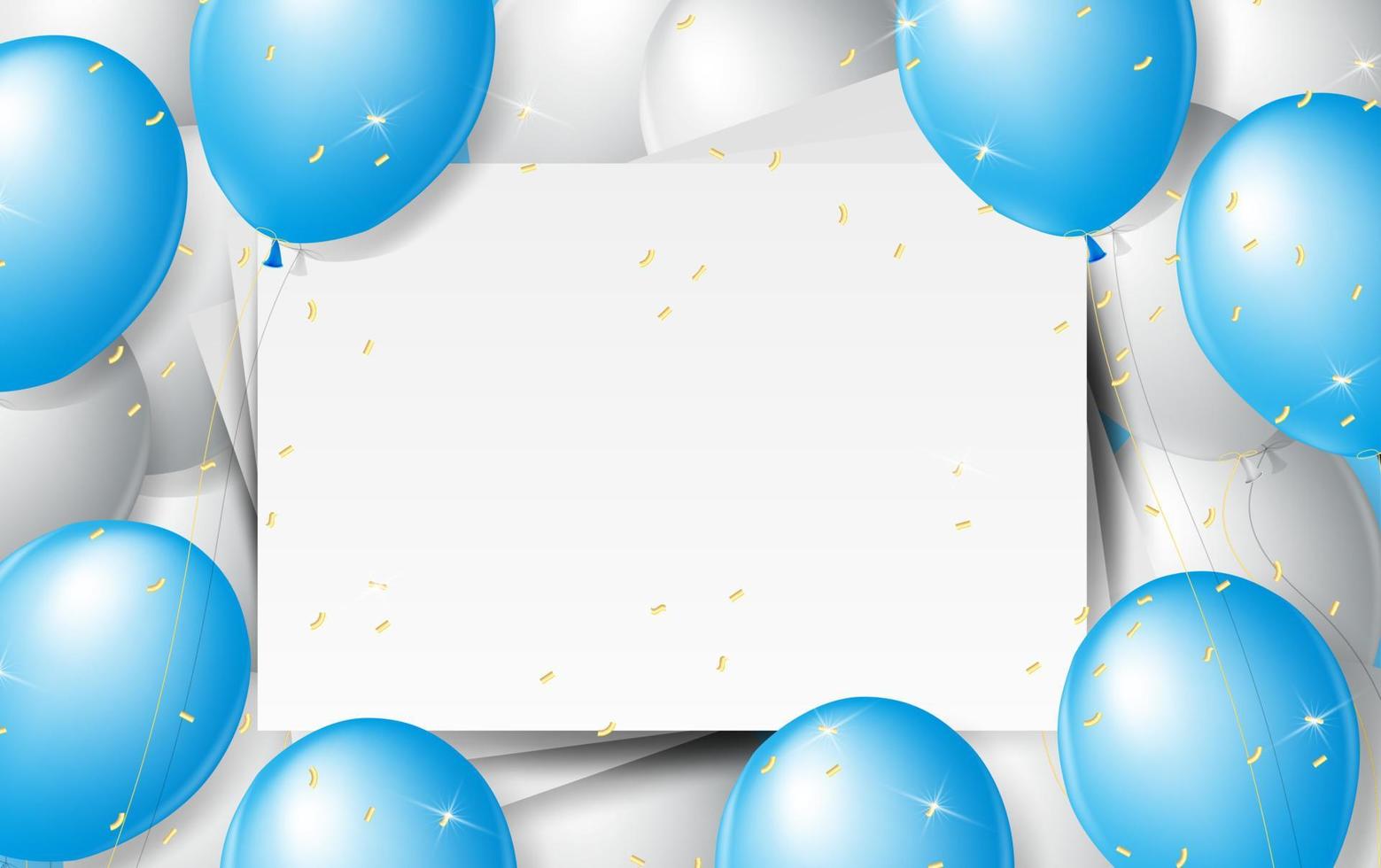 Balloons Background. Celebrate party banner with helium baloons and confetti. Festive template with birthday and anniversary with space for text. Decorative realistic objects for poster. Vector