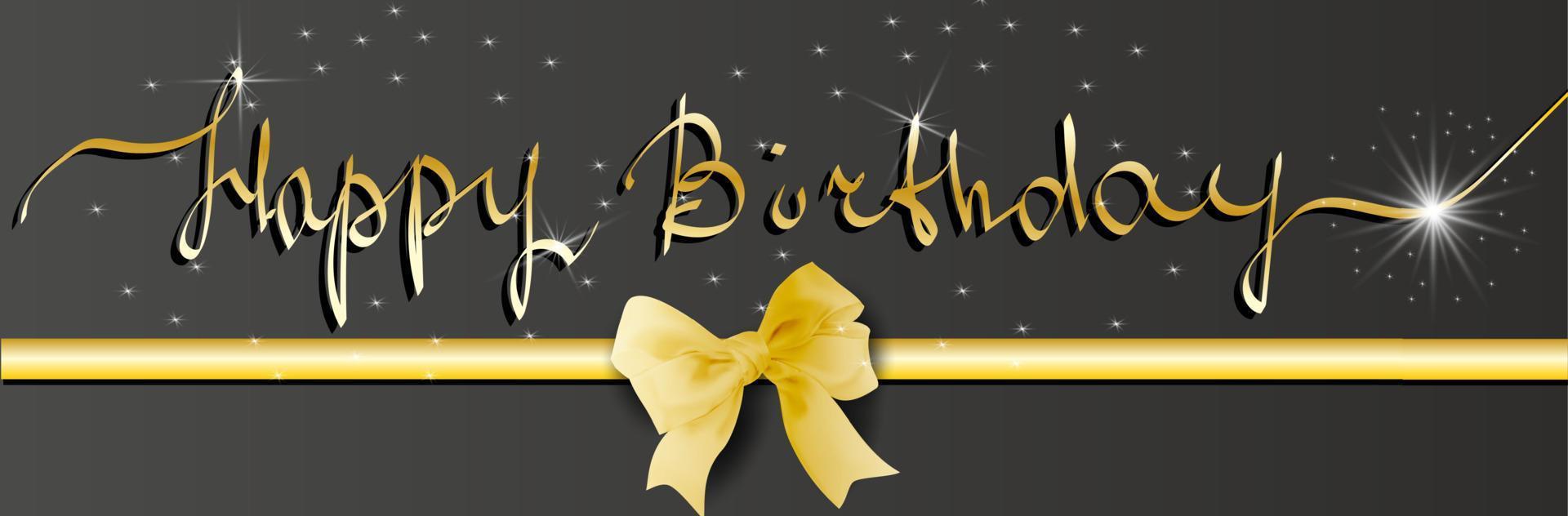 Happy birthday phrase. Handwritten modern calligraphy. Postcard, invitation, poster. Gold lettering with bow and ribbon on a black background. Vector. vector