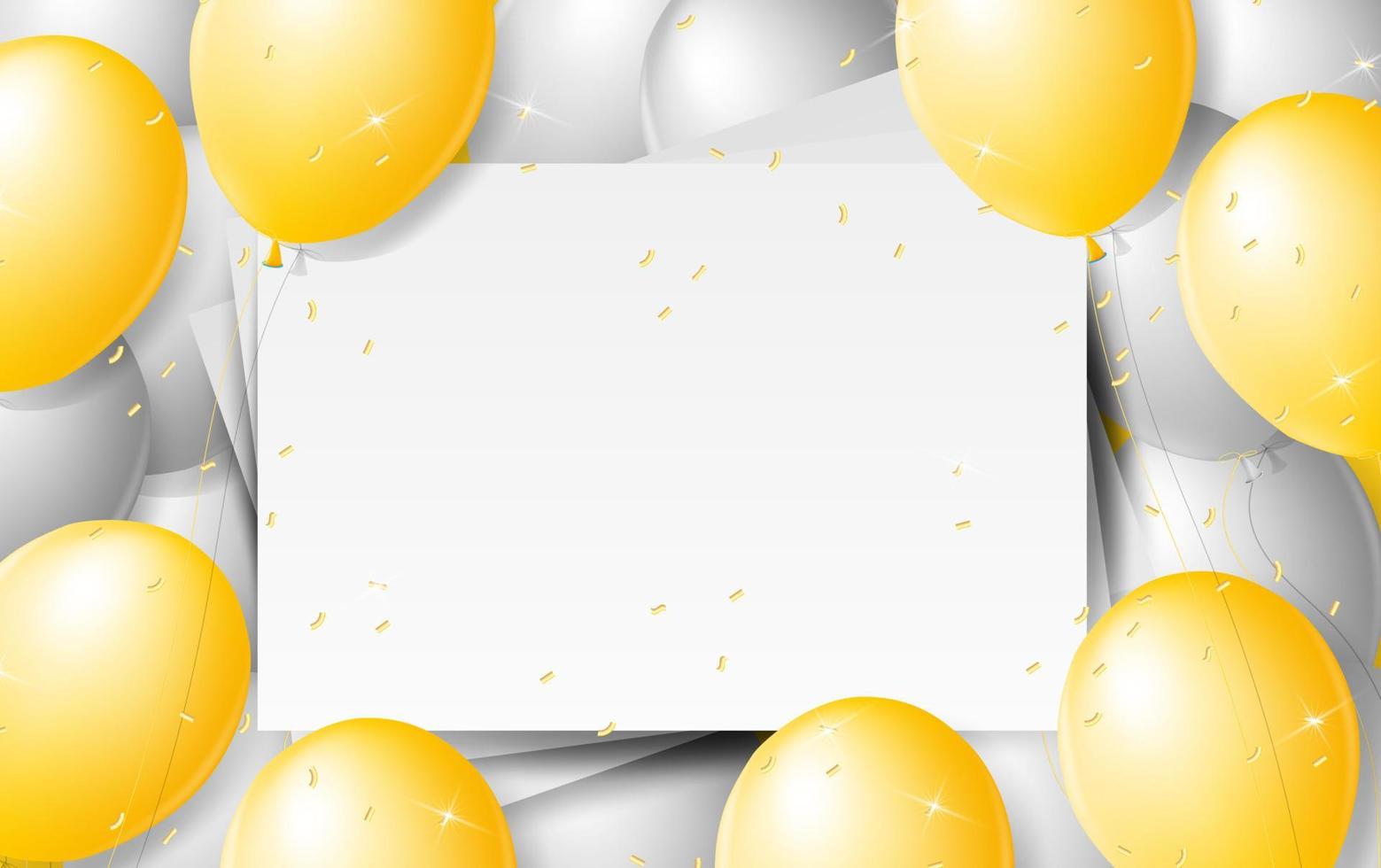 Balloons Background. Celebrate party banner with helium yellow and  gray baloons and confetti. Festive template with birthday and anniversary with space for text. Decorative realistic objects vector