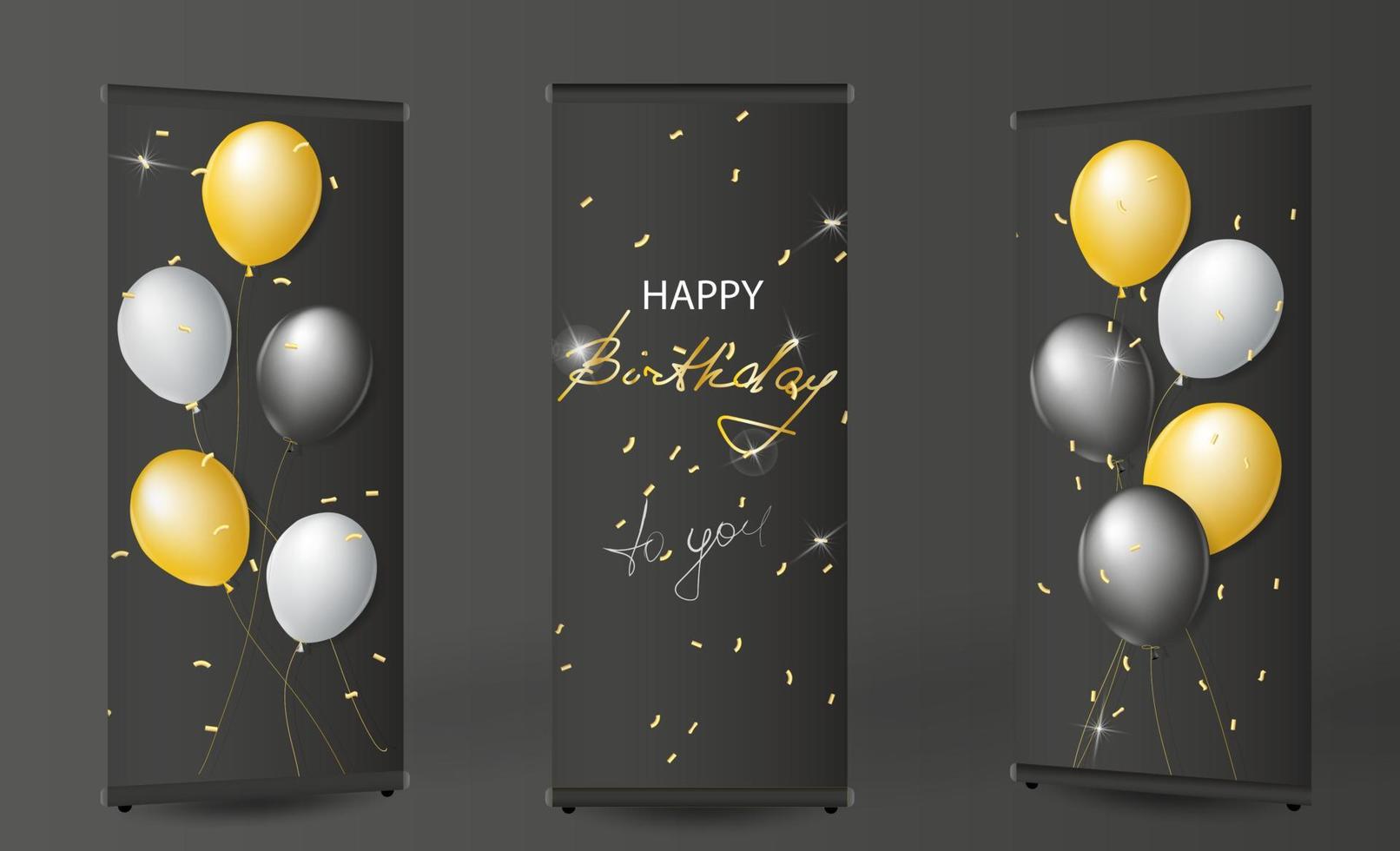 Black, white and gold balloons on a black background with gold glitter confetti. Happy birthday greeting card template. Banner lettering, realistic 3d vector