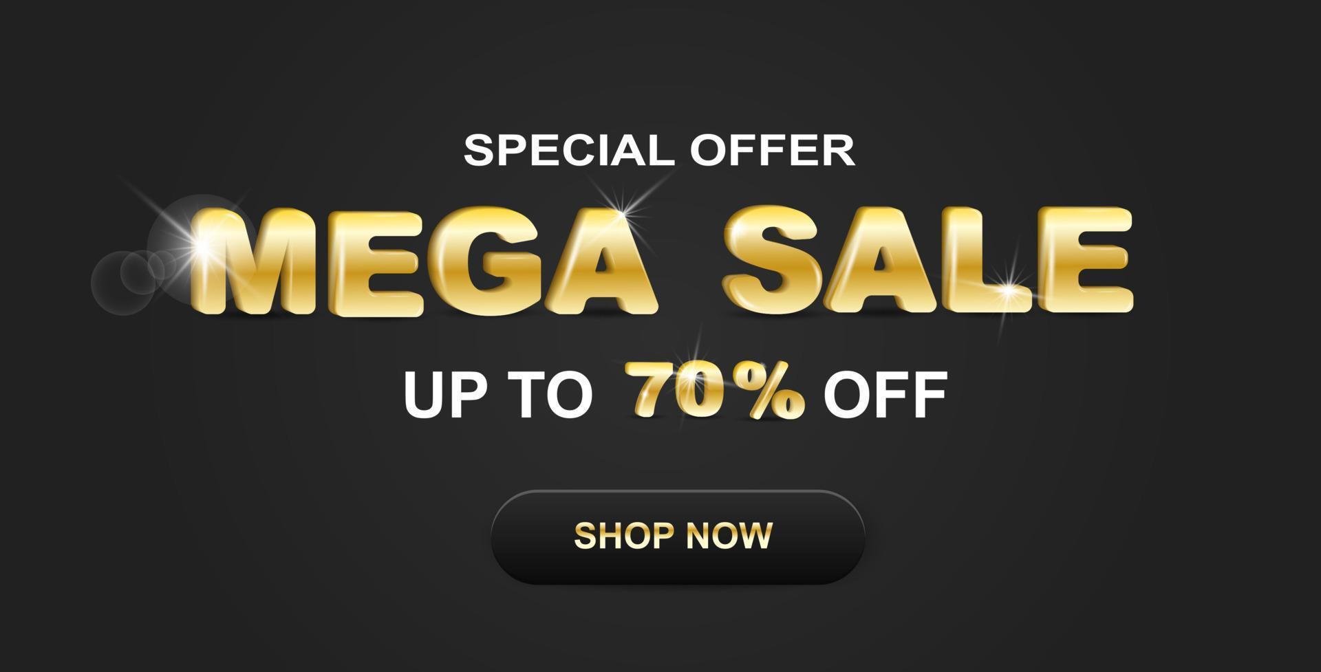 Special offer mega sale web banner up to 70 off. 3D golden inscription on a black background. Vector illustration