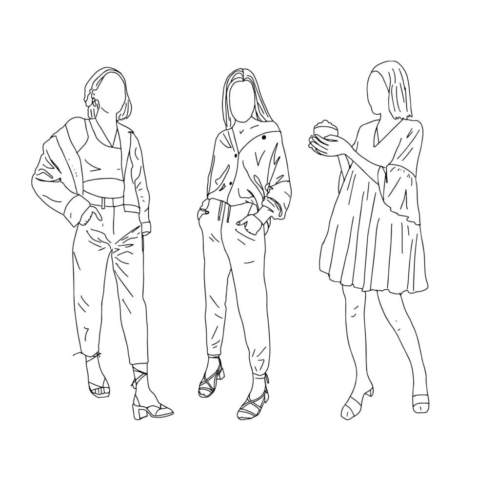 Three girls in different styles of clothing. Linear style. Vector illustration.