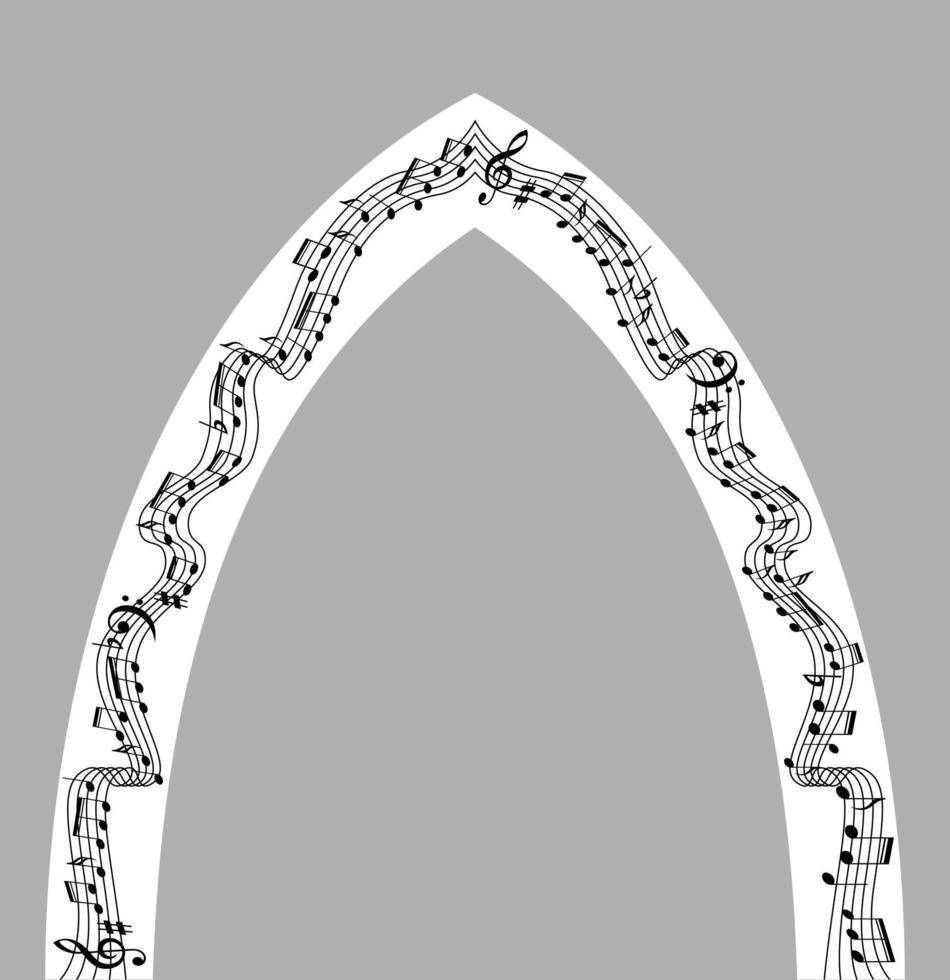 Musical arch with the use of a staff of music and notes for the design of an exit wedding ceremony, entrance, portal. Vector illustration.