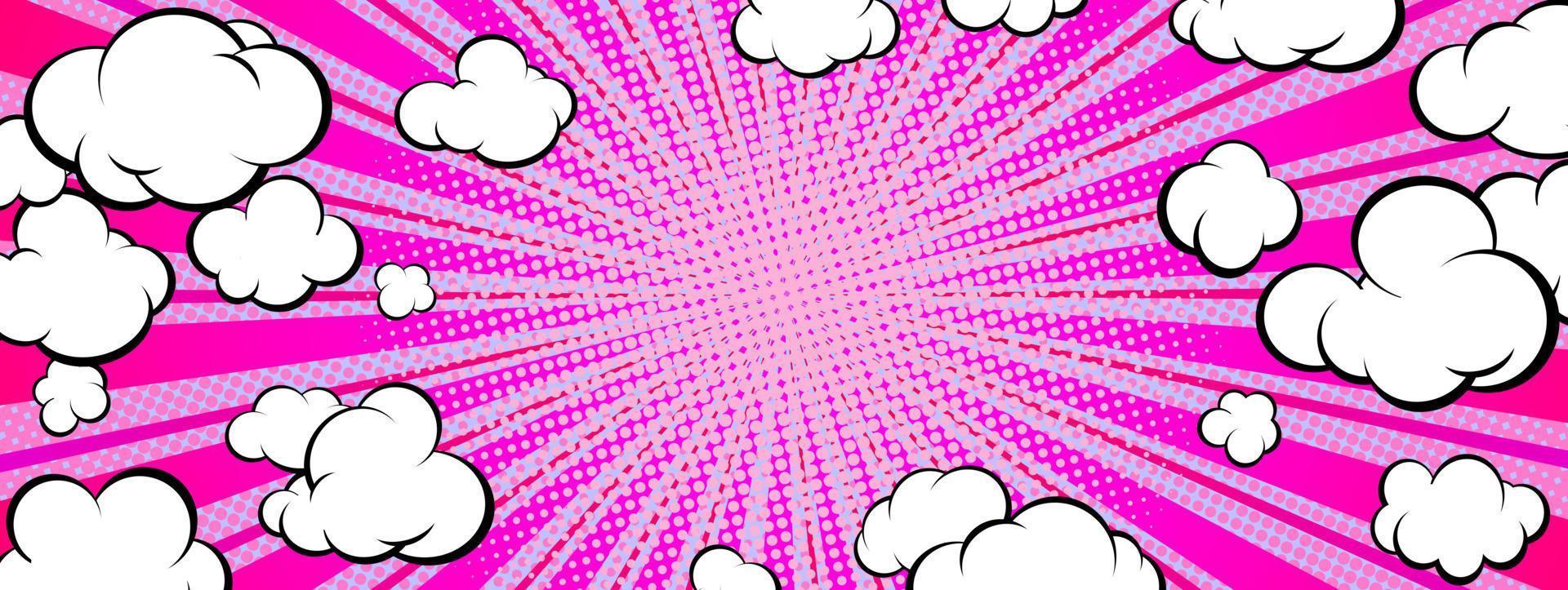 banner de arte pop en formato horizontal. puesta de sol púrpura con nubes. plantilla para la presentación de su producto. ilustración vectorial vector