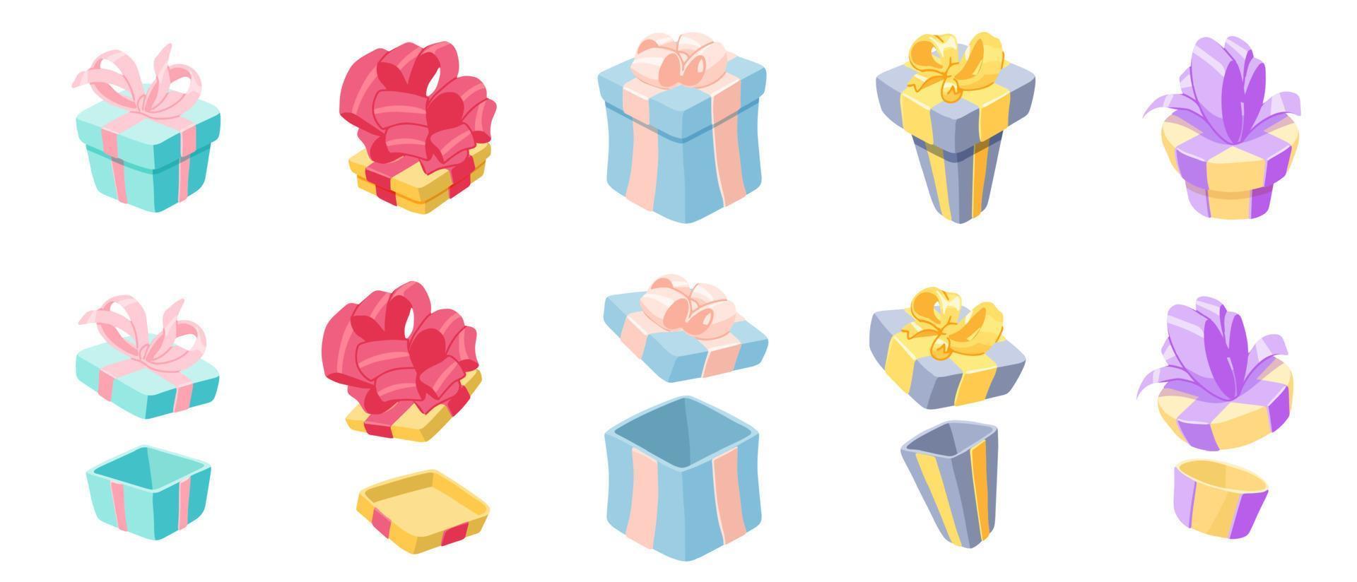 Set of gift boxes - open and closed in cartoon style for printing and decoration.Vector illustration. vector
