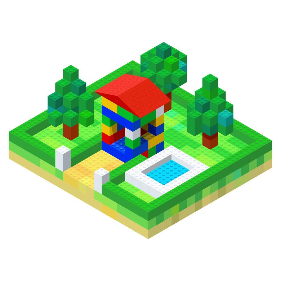 el concepto de una casa privada con piscina ensamblada a partir de bloques multicolores para impresión y decoración.ilustración vectorial. vector