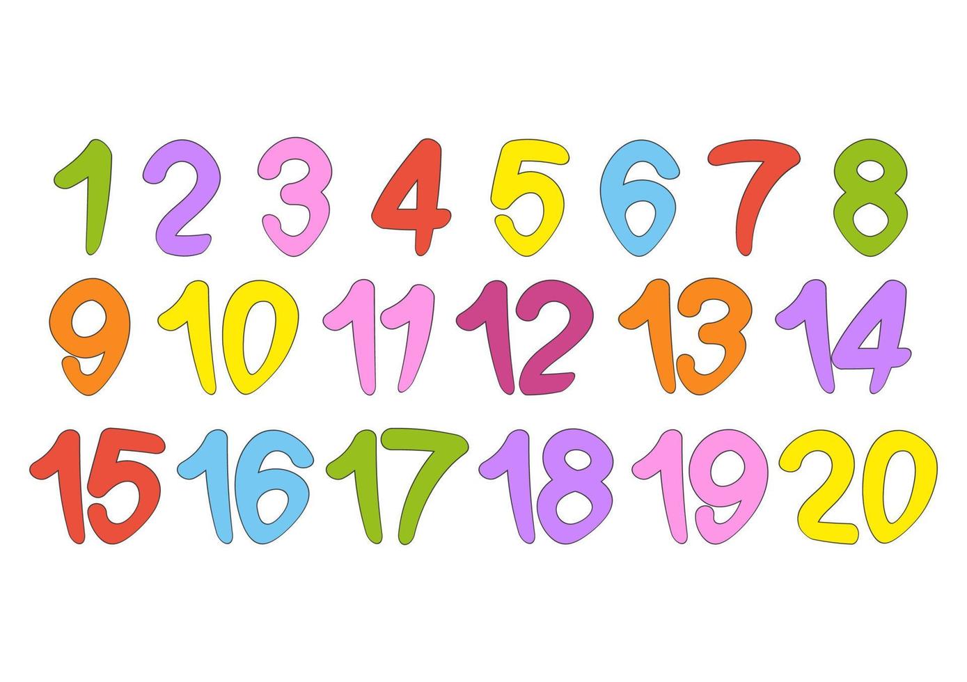 A set of numbers from one to twenty. Bright colorful collection. For teaching children. Simple flat vector illustration isolated on white background.