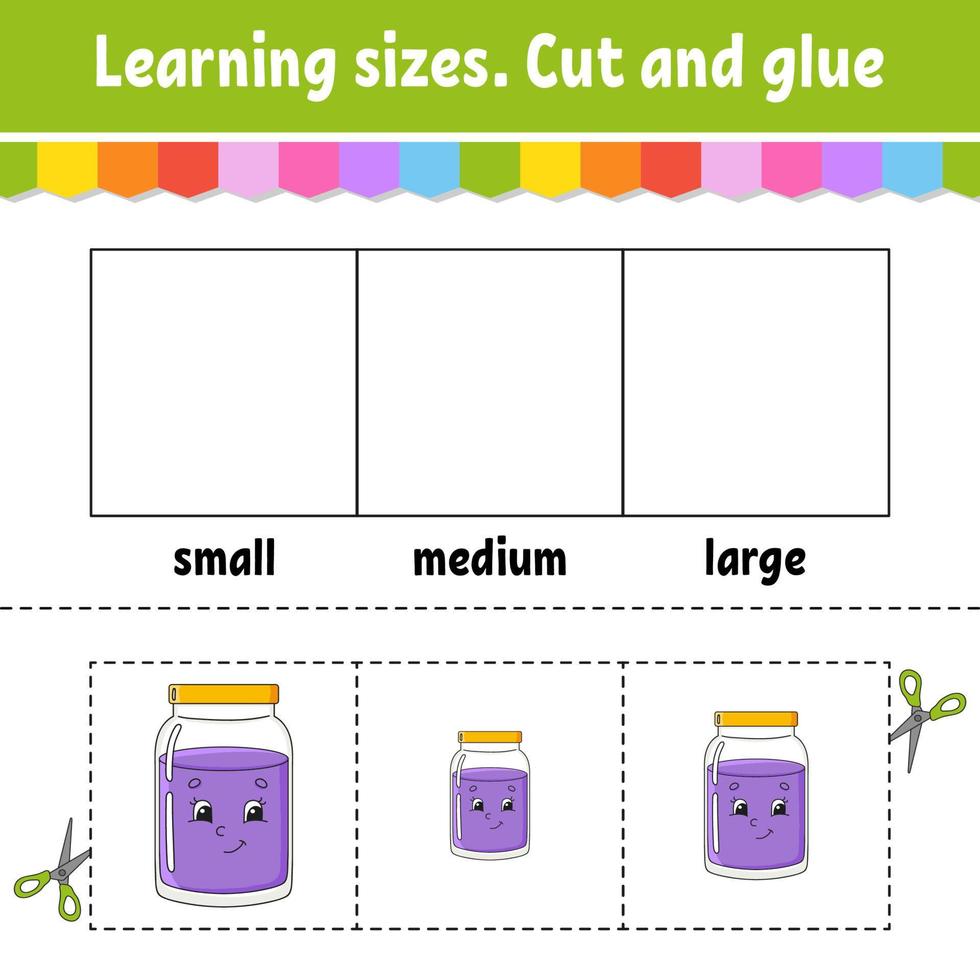 Learning sizes. Cut and glue. Easy level. Color activity worksheet. Game for children. Cartoon character. Vector illustration.