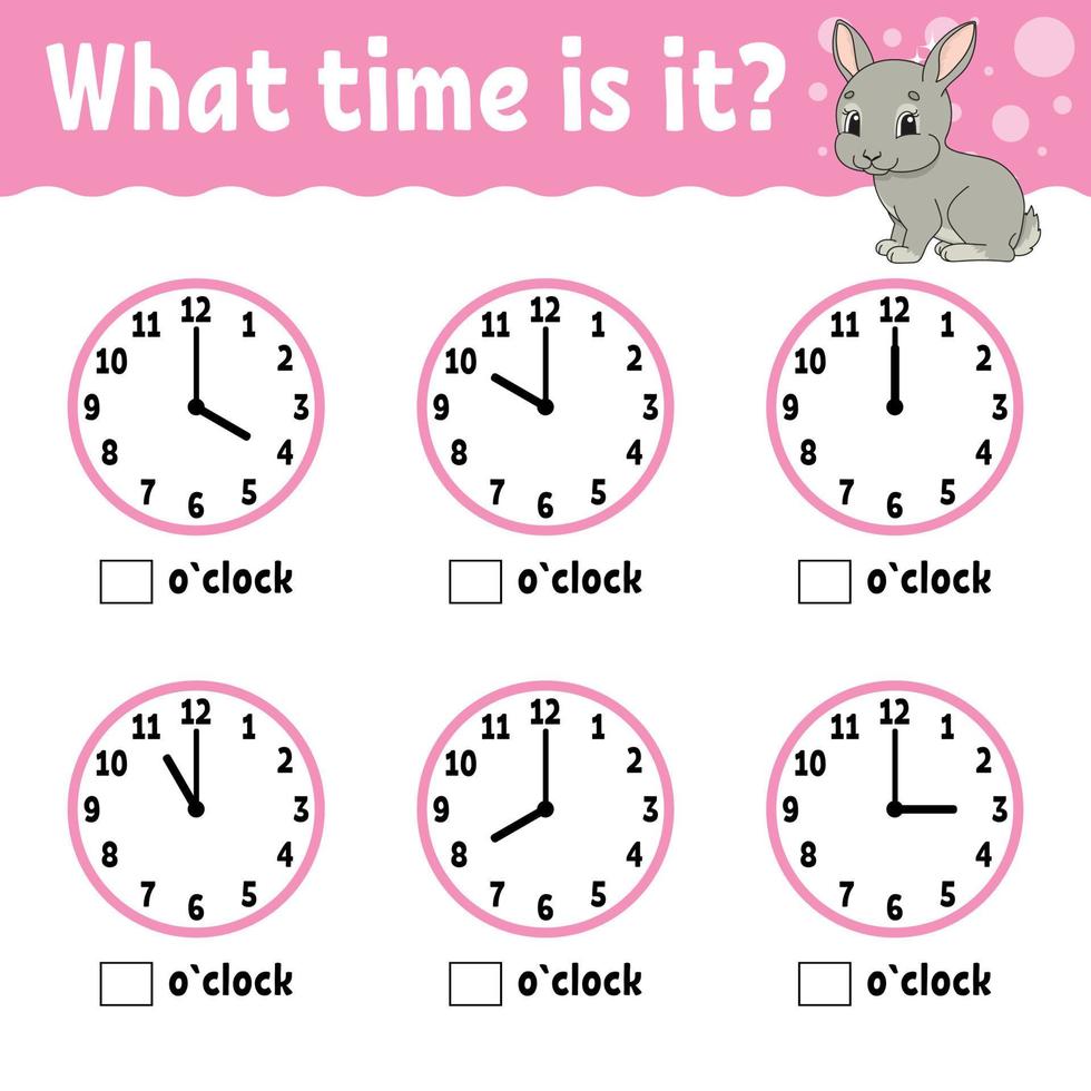 Learning time on the clock. Educational activity worksheet for kids and toddlers. Game for children. Simple flat isolated color vector illustration in cute cartoon style. Vector illustration.