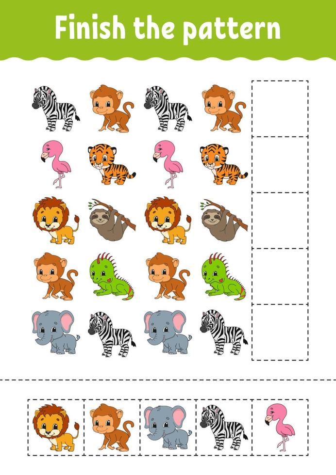 Finish the pattern. Cut and play. Education developing worksheet. Activity page. cartoon character. Vector illustration.