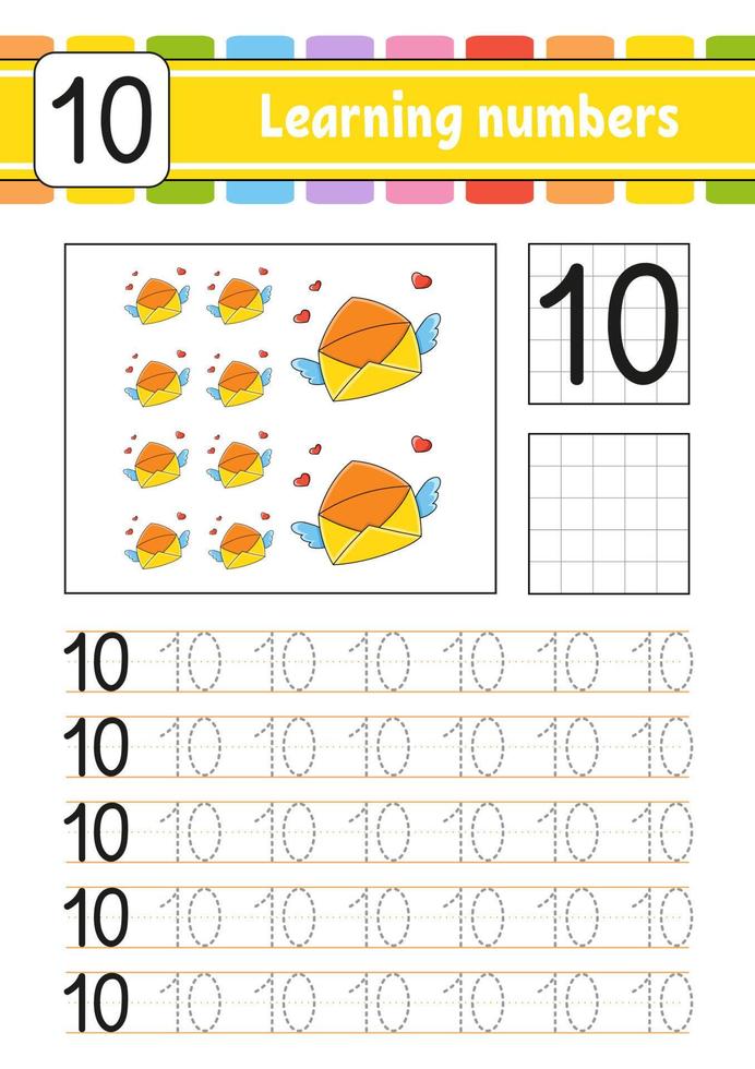Trace and write numbers. Handwriting practice. Learning numbers for kids. Education developing worksheet. Activity page. Vector illustration.