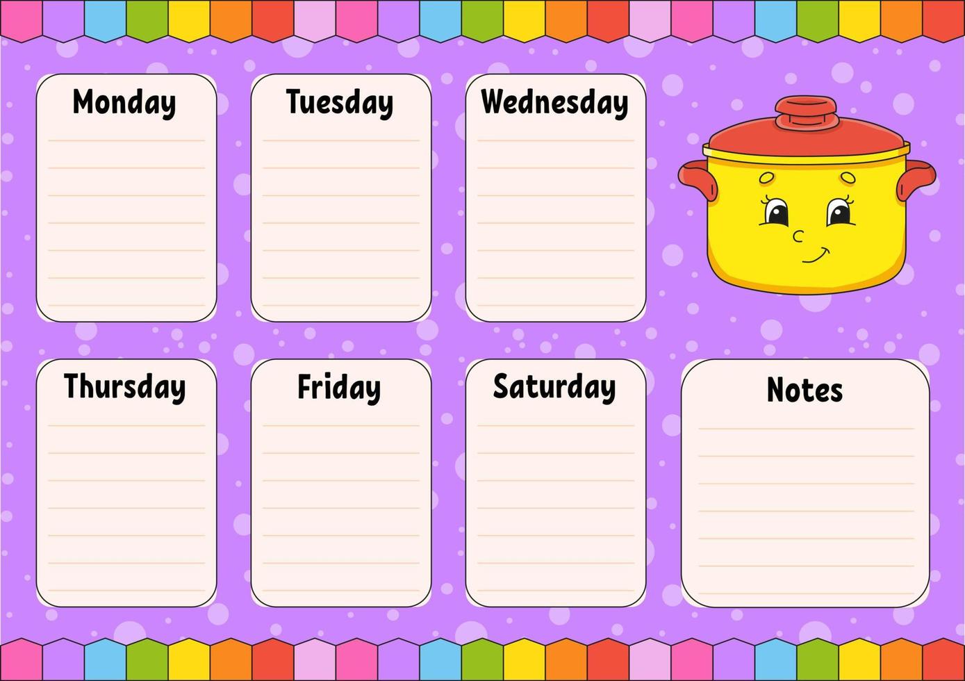 School schedule. Timetable for schoolboys. Empty template. Weekly planer with notes. Isolated color vector illustration. cartoon character.