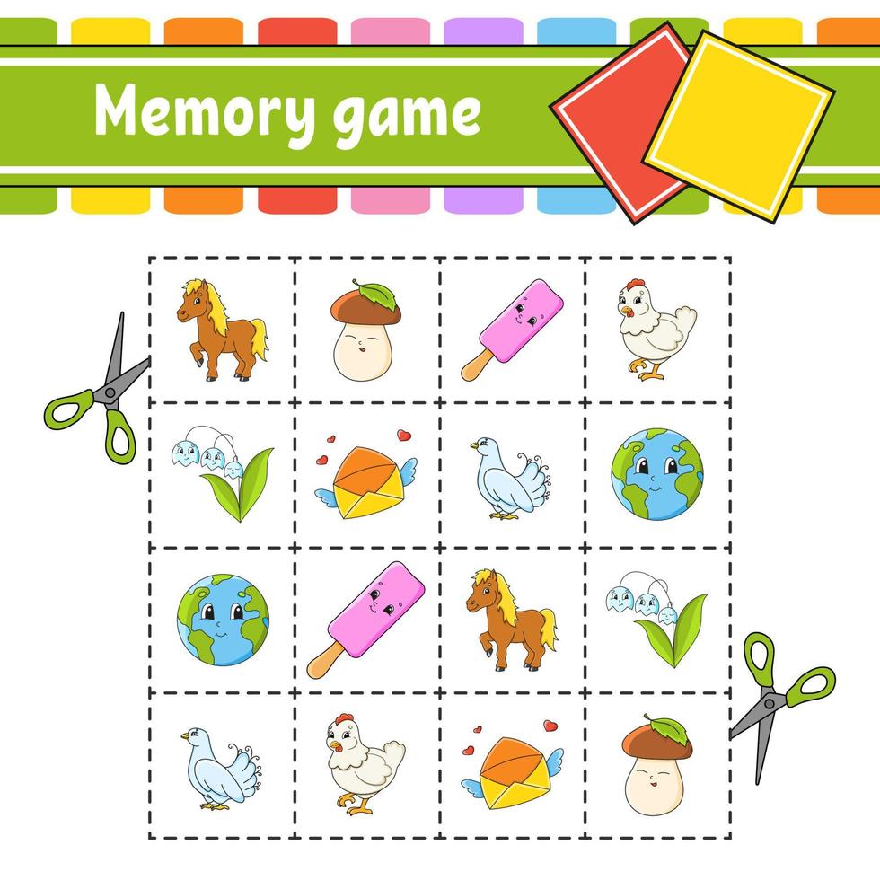 Memory game for kids. Education developing worksheet. Activity page with pictures. Puzzle game for children. Logical thinking training. Funny character. cartoon style. Vector illustration.